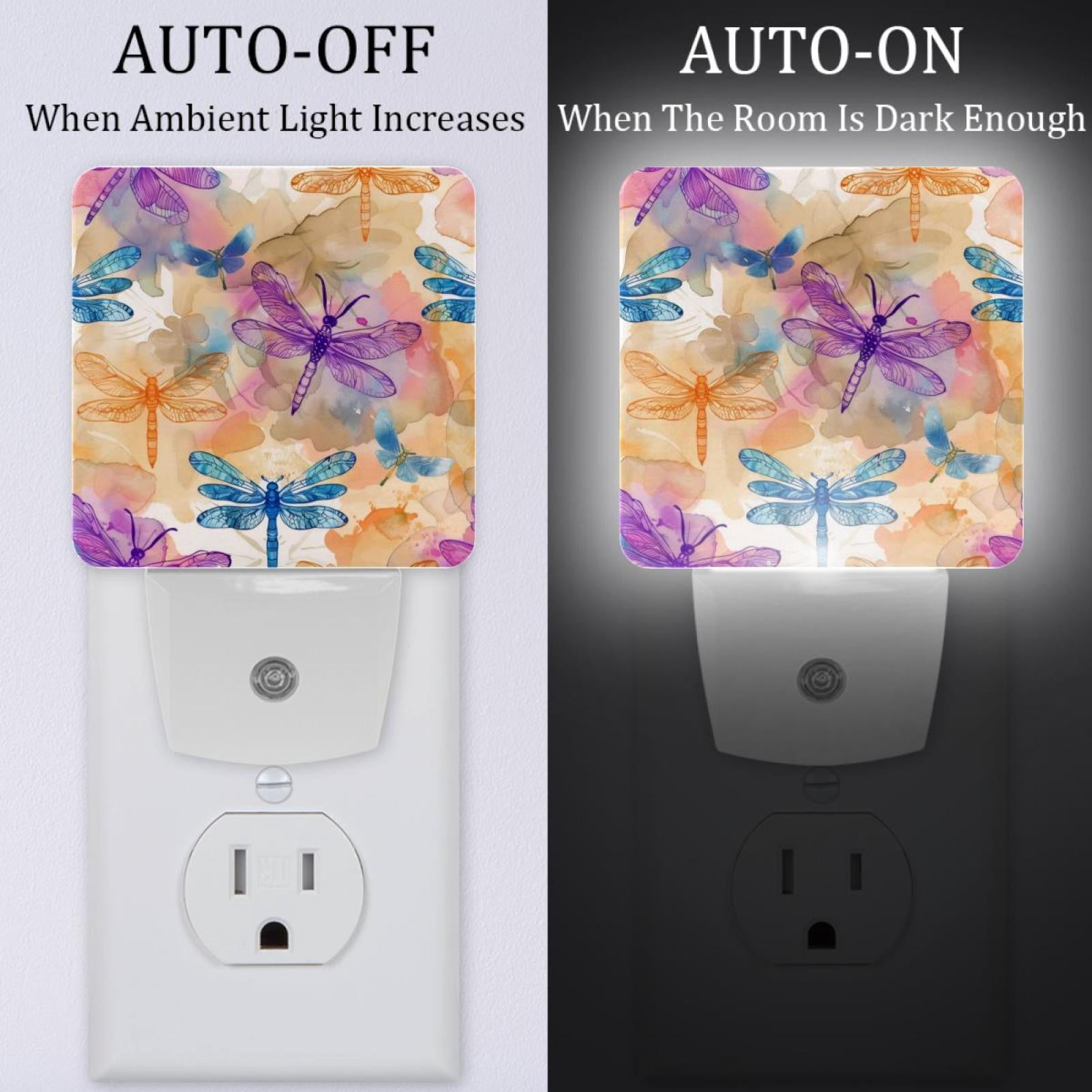 PhooArto Watercolor Dragonflies Pattern Plug in LED Night Light Auto Sensor Dusk to Dawn Decorative Night for Bedroom, Bathroom, Kitchen, Hallway, Stairs, Baby's Room, Energy Saving