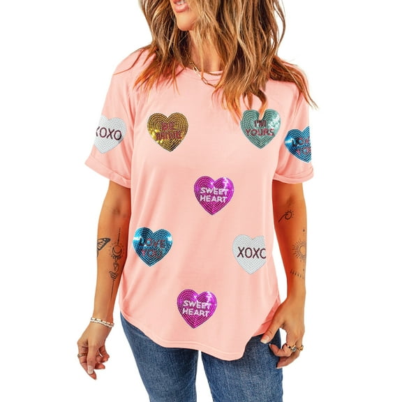 Women's Pink Sequin Heart Patched Crewneck T-Shirt for Valentine's Day - [ZhiHiMeRi] | (US 20-22)2XL
