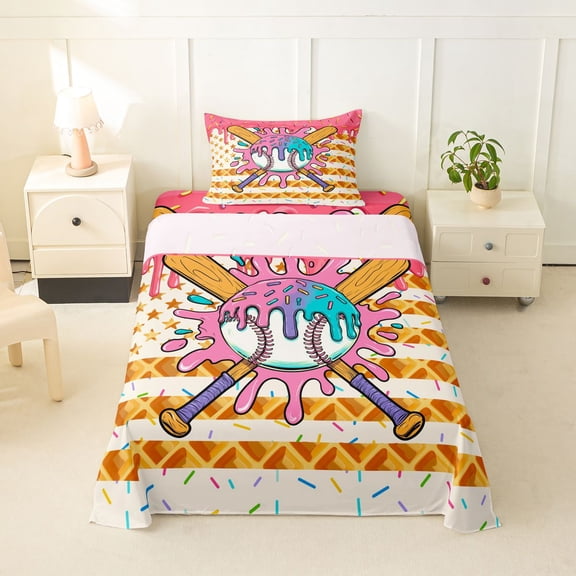 Erosebridal Baseball Ice Cream Drip Twin Sheet Sets, Waffle American Flag Bedding, 1 Flat Sheet, 1 Fitted Sheet and 1 Pillowcase