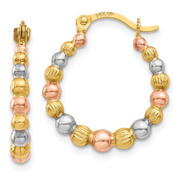 14k Yellow Gold White Rose Beaded Hoop Earrings Round