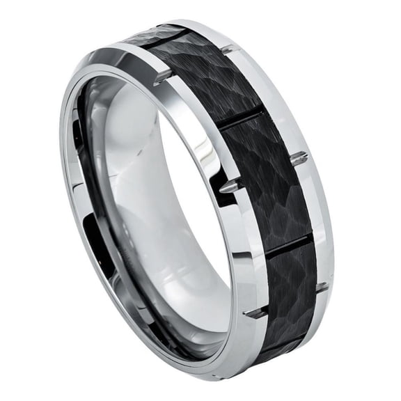 Custom Personalized Engraving Wedding Band Ring Set for Him & Her - 8mm High Polished Beveled Edge with Notches & Black IP Plated Hammered Finish Center