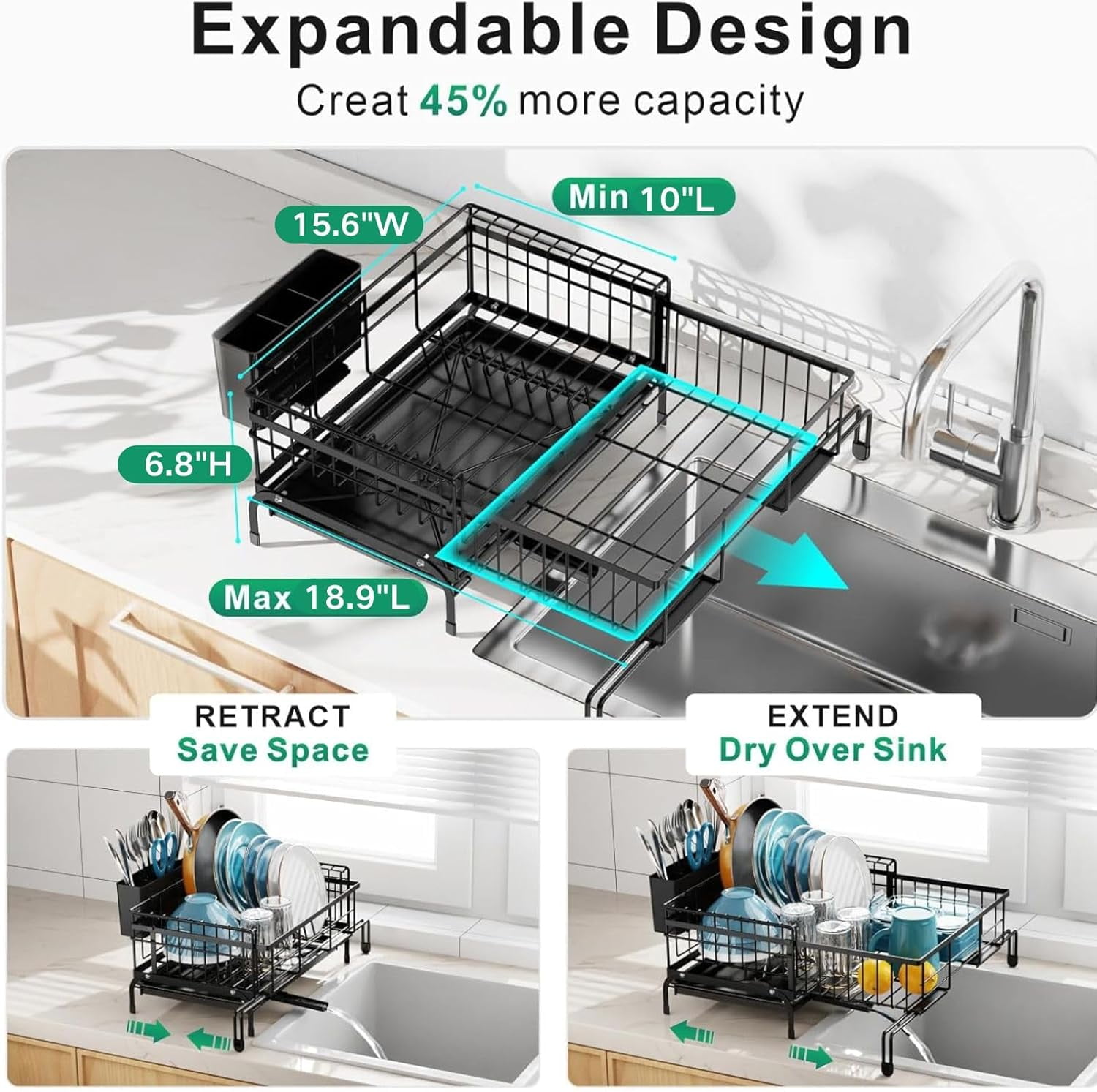 Expandable Dish Drying Rack - Anti-Rust 2-in-1 Dish Racks for Kitchen Counter and Sink, Compact Dish Drainer with Pan Slot, Dish Rack with High Raised Edges for RV and Apartment, Black