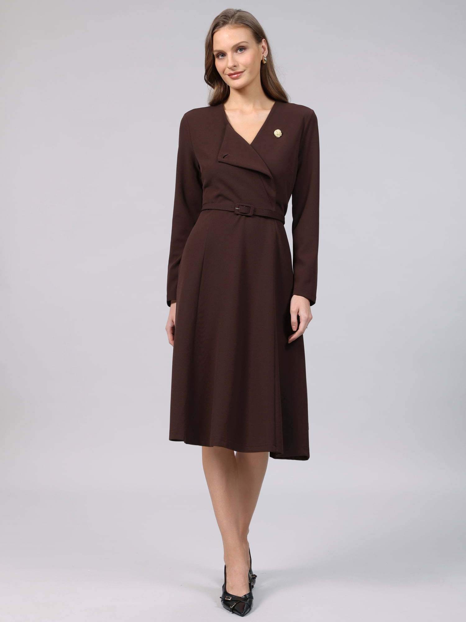 DARING DIVA Women's A-Line Work Lapel V Neck Long Sleeve Flare Dress 2XL Dark Brown
