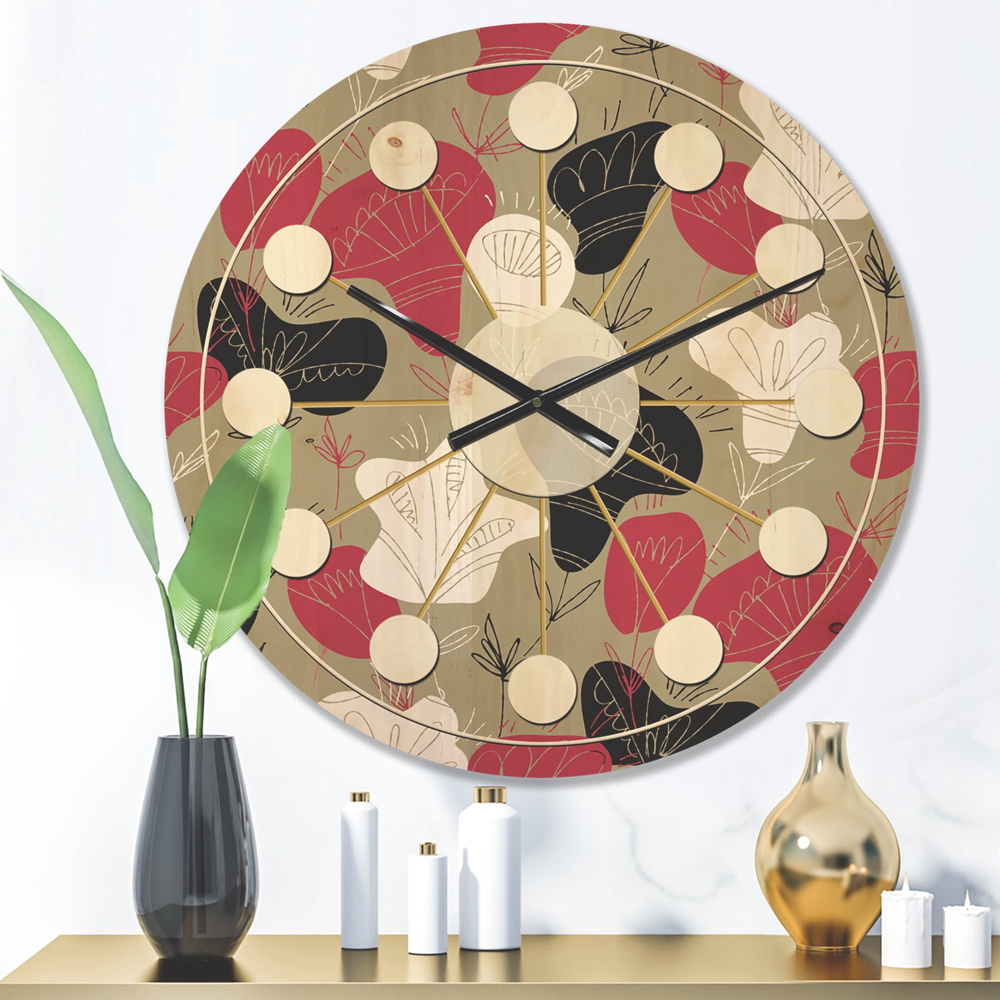 Designart 'Folk Flowers Retro Pattern' Mid-Century Modern Wood Wall Clock