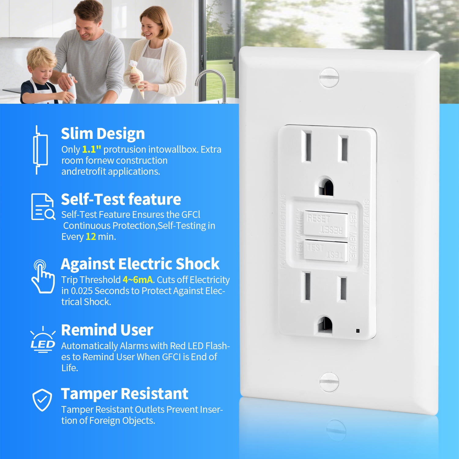 (10-Pack) GPG1115-TR, 15A 125V GFCI Duplex Receptacle Electrical Outlet