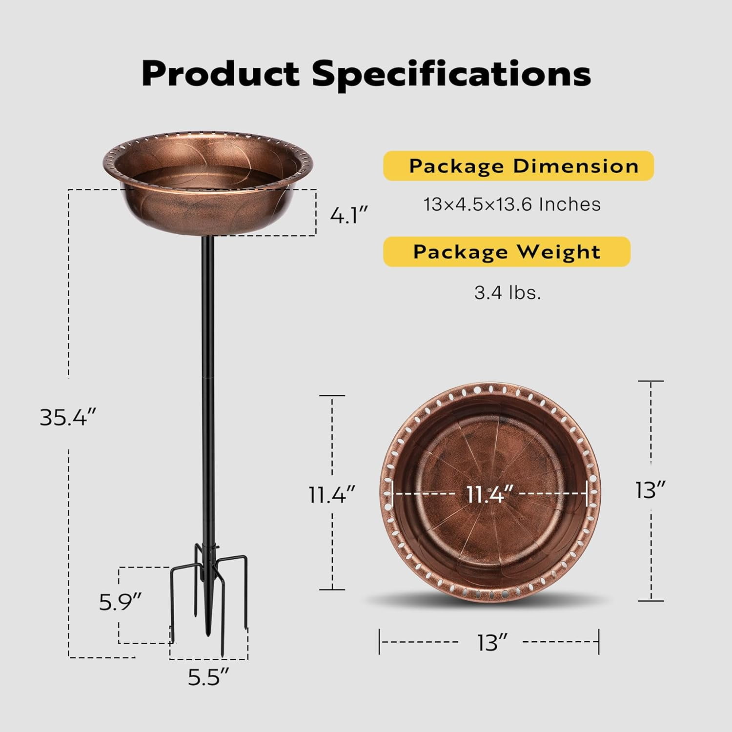 SPECSTAR Bird Bath, Polyresin Birdbath Bowl with Metal Stake, 29 inch Height Outdoor Freestanding Birdfeeder, 1.4 Gallons, 5-Pronged Base, Bronze