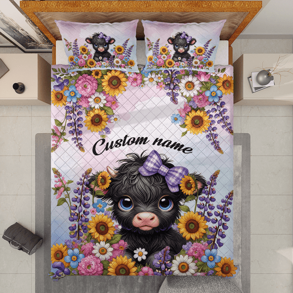 Lotusprinthandmade Personalized Highland Cow And Flower Quilt Bedding Set