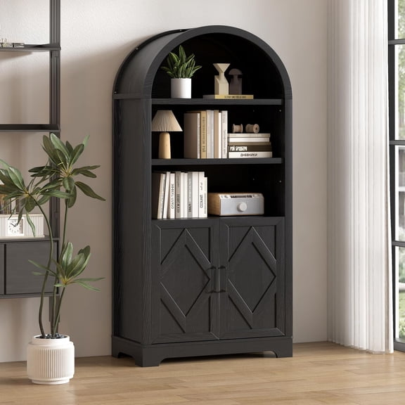 Vipbear 71" Tall Arched Cabinet Bookcase with Storage Mid-Century Farmhouse 5-Tier Bookshelf with Door & 2 Adjustable Shelves Pantry Display Cabinets for for Living Room, Kitchen, Home Office Black