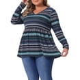 thumbnail image 4 of Blusas de mujer de talla grande Agnes Orinda, tops estilo babydoll vintage a rayas, con cuello en V, de manga larga, con cintura elástica, casual, 4X, azul, 4 of 6