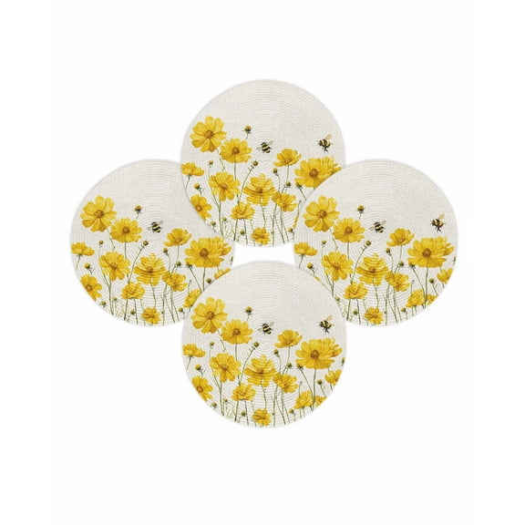 Round Placemats Set of 4 Yellow Floral Place Mats Washable Woven Placemat Flower Bees Linen Circle Braided Table Mat for Kitchen Dining Table Party Home Decor 15 Inch