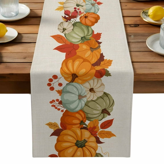 Fall Thanksgiving Orange Pumpkin Table Runner Dresser Scarf,Kitchen Dining Table Decoration Farm Watercolor Maple Leaves Linen Table Runners for Home Wedding Indoor Outdoor Party,13x70in