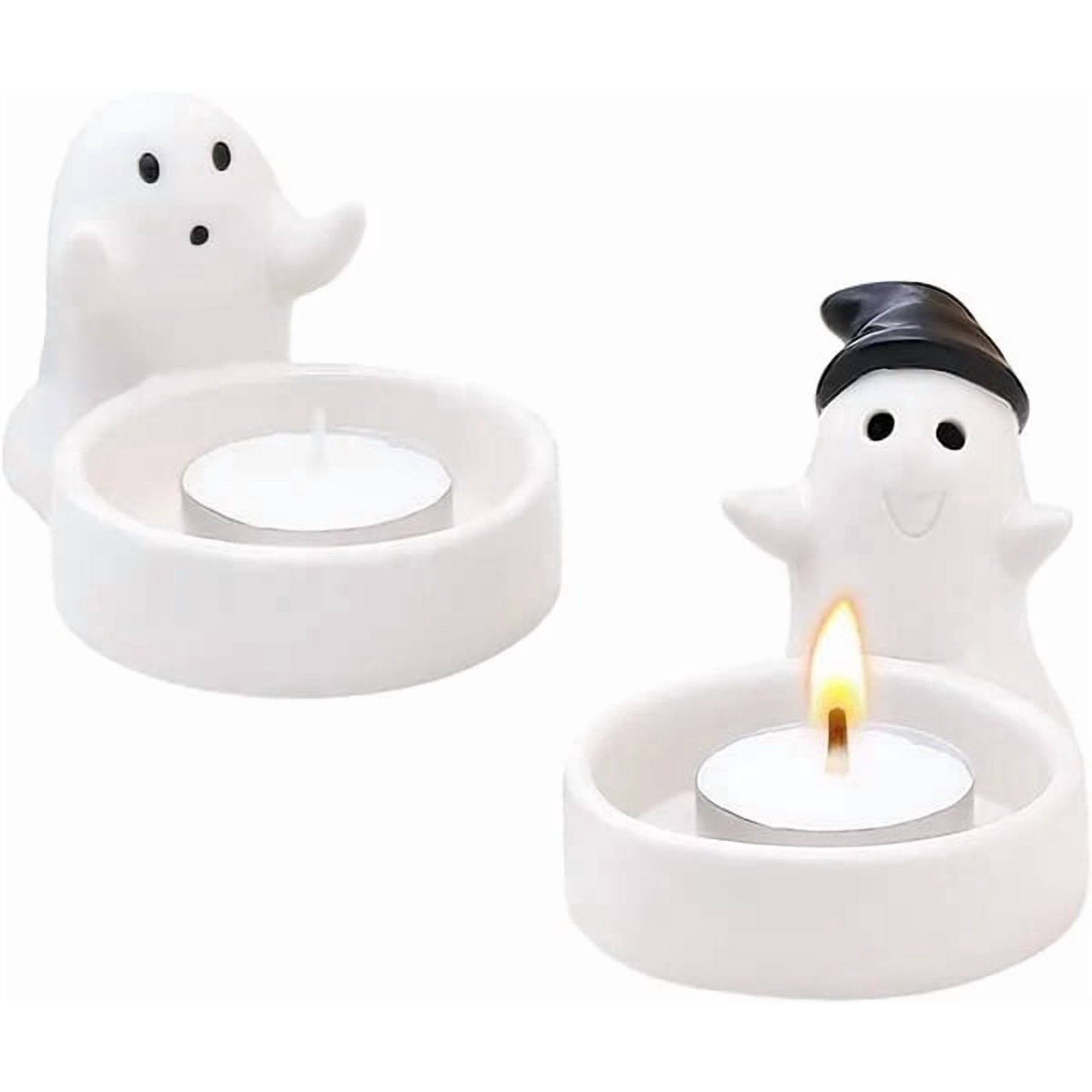 Set of 2 Ceramic Ghost Tealight Candle Holders Halloween Indoor Tabletop Decor Gift No Candle Included