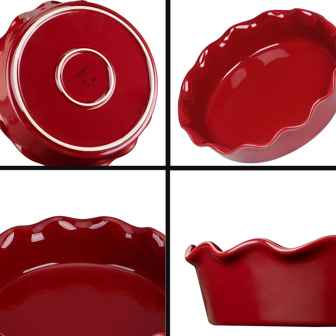 vancasso Pie Dish Large, Ceramic Oven Dish Deep Pie Pan Pie Plate for Baking, Non-Stick Fluted Flan Dish, 3 Pint Quiche Pan Tart Pie Tin. Big Capacity, Red