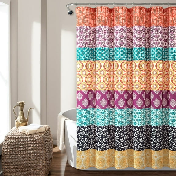 Lush Decor Bohemian Stripe Print Polyester Shower Curtain, Fuchsia/Orange, 72"L x 72"W, Single
