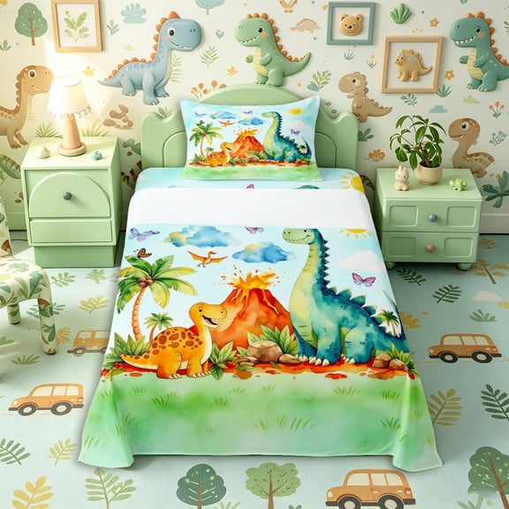 Metsweet Watercolor Dinosaur Twin Sheets 3pcs, Cartoon Jungle Animal Bedding, Orange Green,1 Fitted Sheet, 1 Flat Sheet and 1 Pillowcase