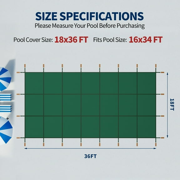 18X36Ft Swimming Pool Safety Cover - Heavy Duty Mesh Pp Cover with Installation Kit, Fits 16X34Ft Inground Pools, Green
