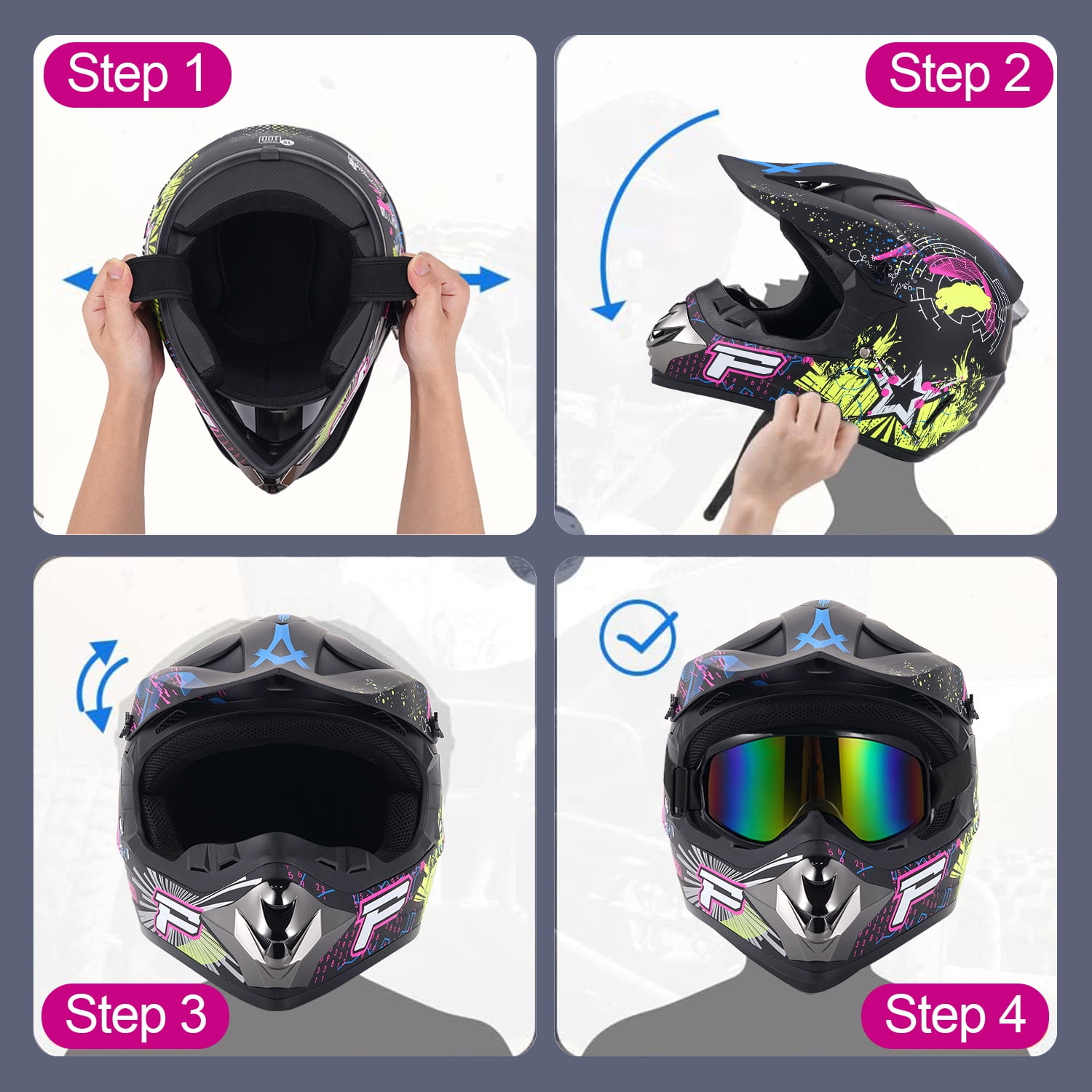 XiongXiong Dirt Bike Helmet DOT Certified, Full Face Motorcycle Helmet w/ Goggles, Gloves, Mask, for Off-Road, ATV, Sun Visor Snowmobile, Multicolor, L