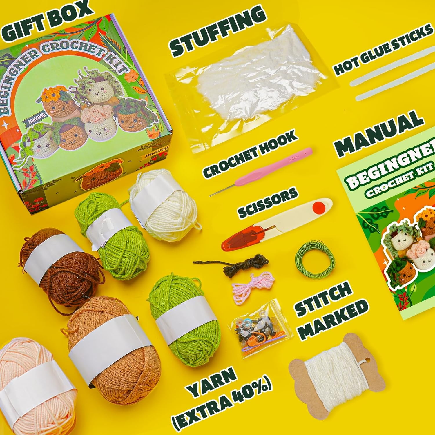 Imcrasy Crochet Kit | Crochet Kit for Beginners | Beginner Crochet Kit with Step by Step Video Lessons | 6 PC Cute Potted Plants Crochet Kit with Complete Crochet Accessories(40%+ Yarn)| WhiteBrown