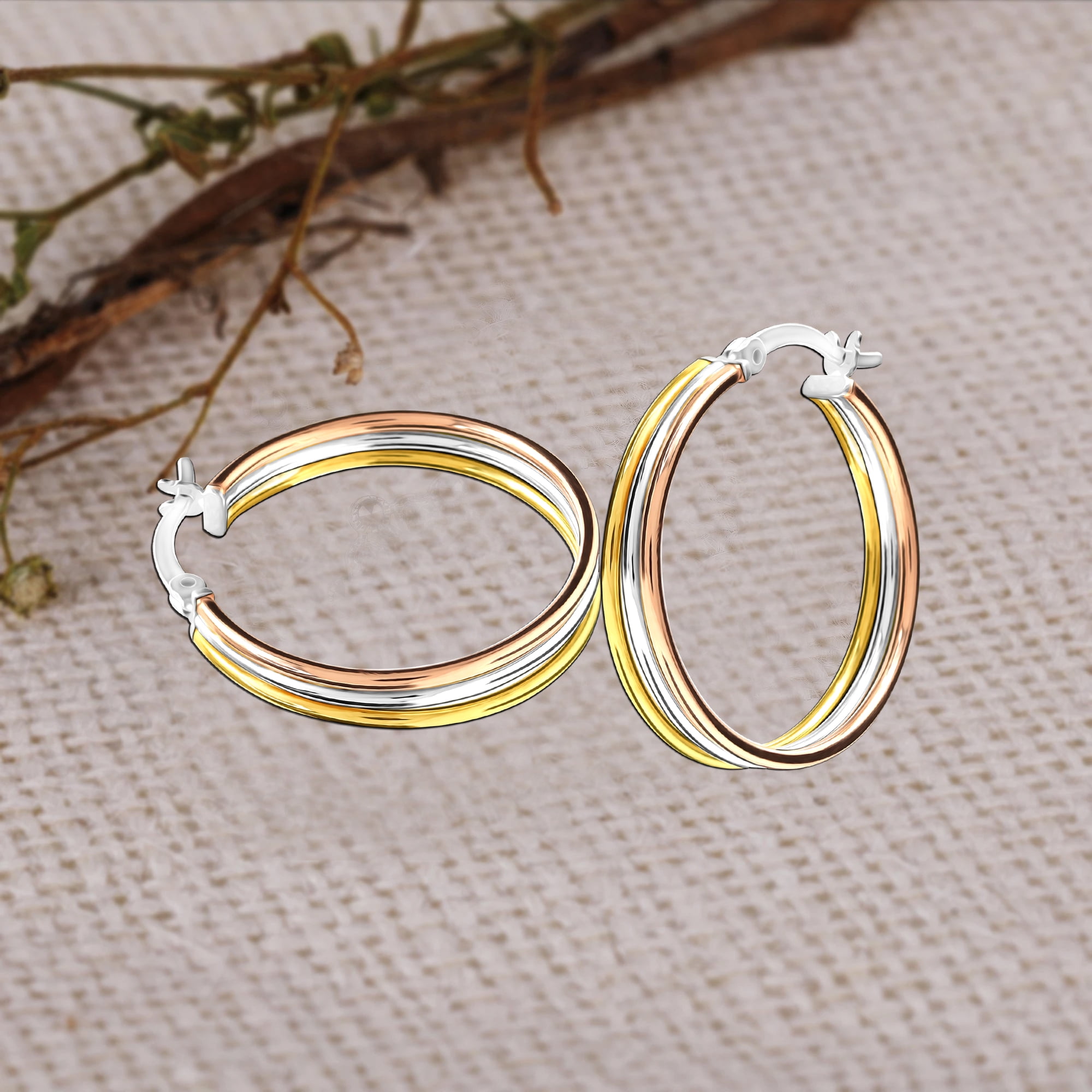 LeCalla 925 Sterling Silver Jewelry Italian Three-Tone Click-Top Hoop Earrings for Women and Teen 25MM