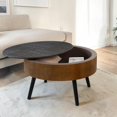 thumbnail image 2 of GZXS Vintage Round Coffee Table, 31.5"Dia Flip-Lid Accent Table with Hidden Storage, MDF Carved Top & Solid Wood Tapered Legs, Multi-Function for Living Room, Bedroom, Small Space, Brown+Black, 2 of 9