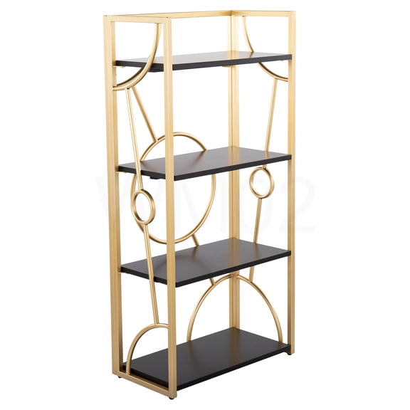 Gold Geometric Bookcase with Black Wood Shelves for Modern Home & Office Decor