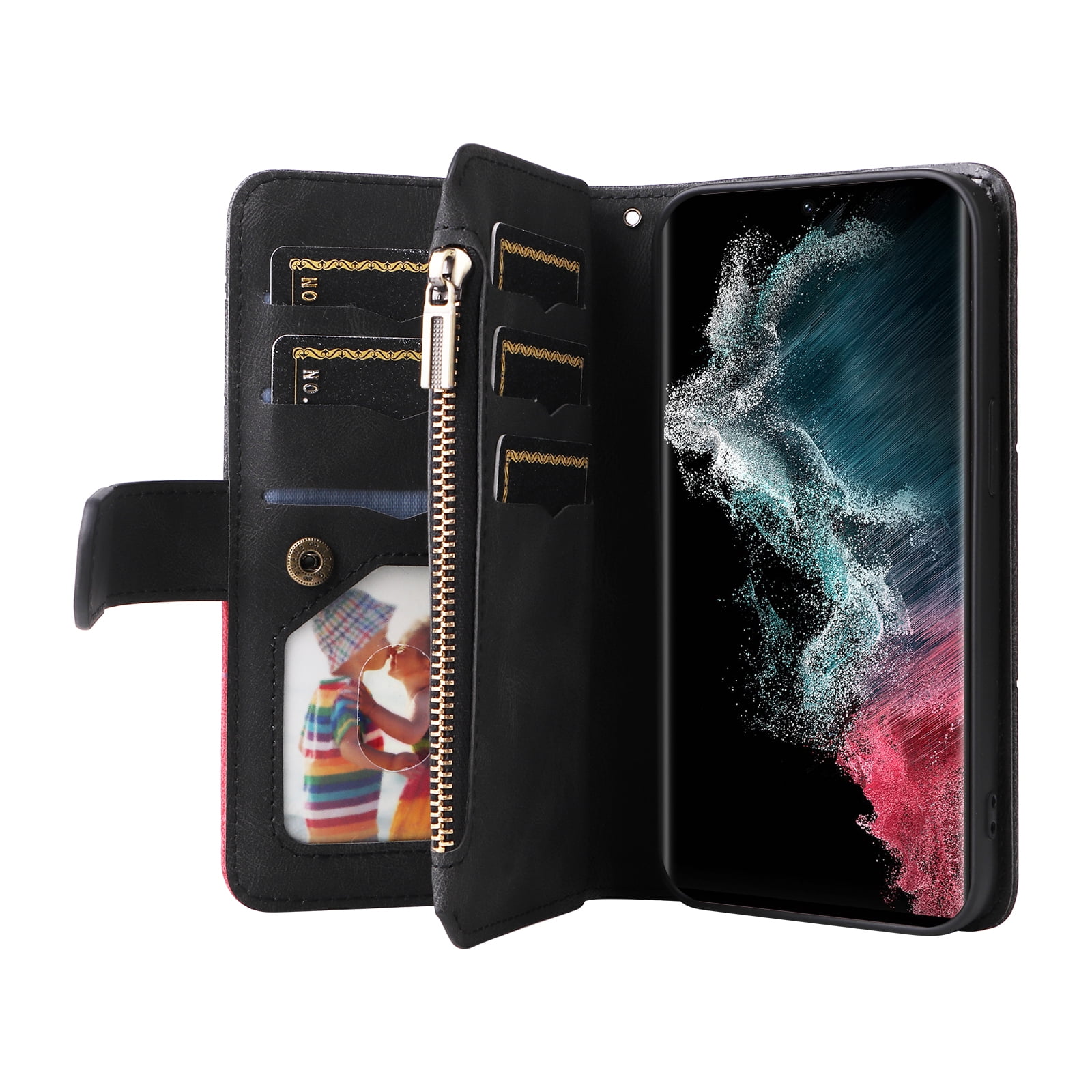 Dteck for Samsung Galaxy S23 Ultra Case Wallet with 9 Card Slots, Zipper Pocket PU Leather Folio Flip Phone Case with Wristlet Strap for Samsung Galaxy S23 Ultra 6.8 Inch, Black