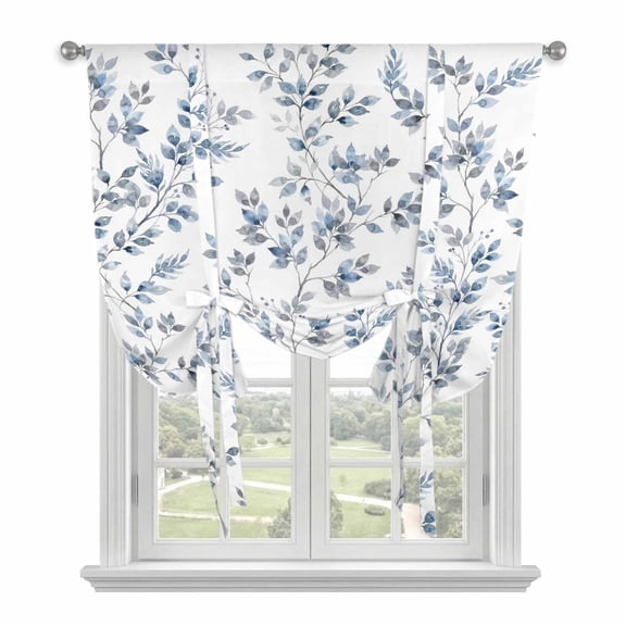 Blue Leaves Tie Up Curtains for Windows, Adjustable Balloon Window Shades, Summer Botanical Elegant Pastoral Kitchen Window Treatments Adjustable Roll Up Curtain for Basement/Nursery 52"x45"