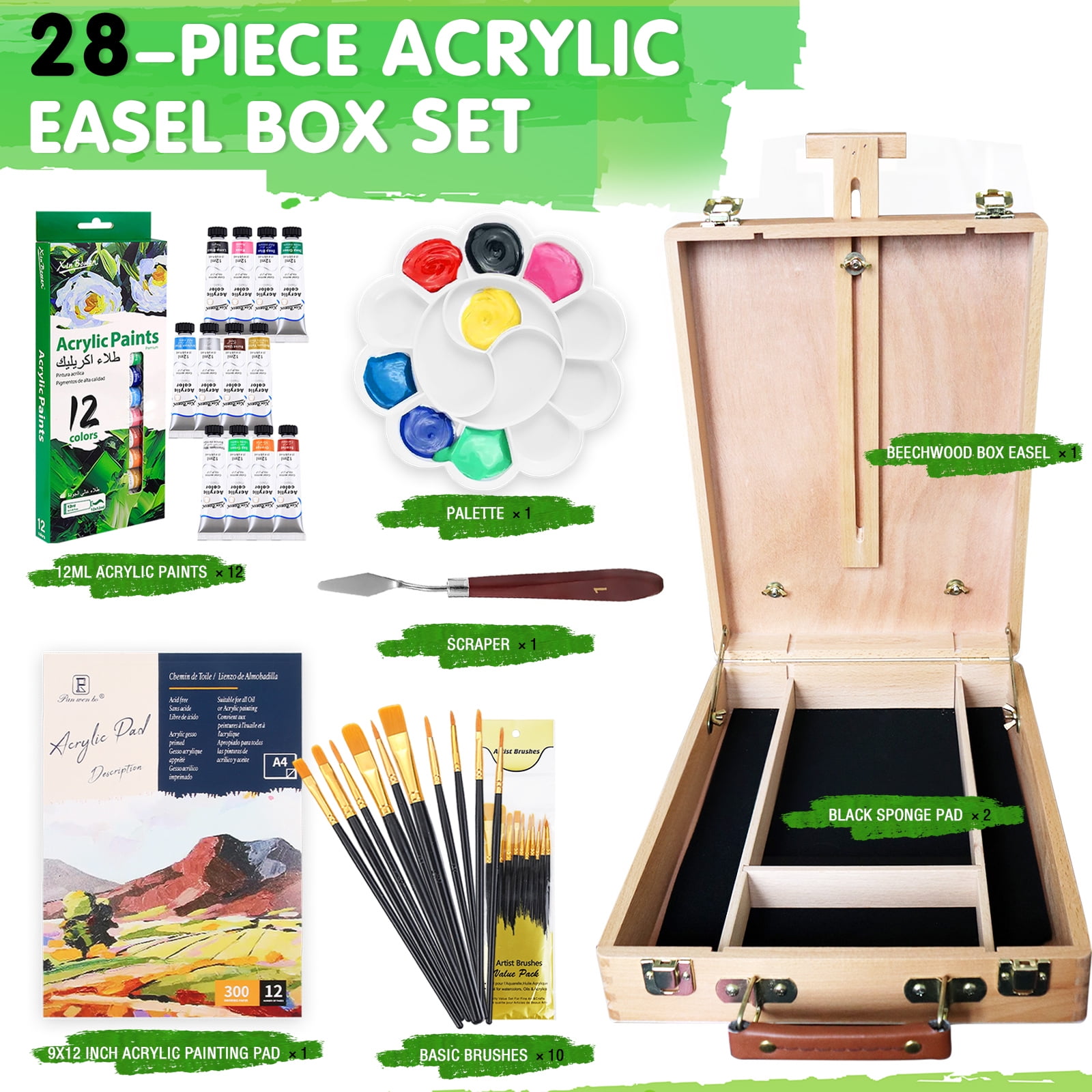 Wooden tabletop art easel box set, 12 Colors Acrylic Paint, scraper, Brushes, Palette, Complete Painting Kit for Kids, Adults, Artists