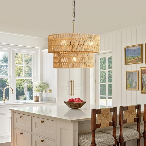 13.3'' Rattan Chandelier for Dining Room, Boho Pendant Lights Kitchen Island with Drum Hand Woven Wicker Shade, Farmhouse 2-Tier Golden Hanging Ceiling Light Fixtures for Entryway Living Room Foyer