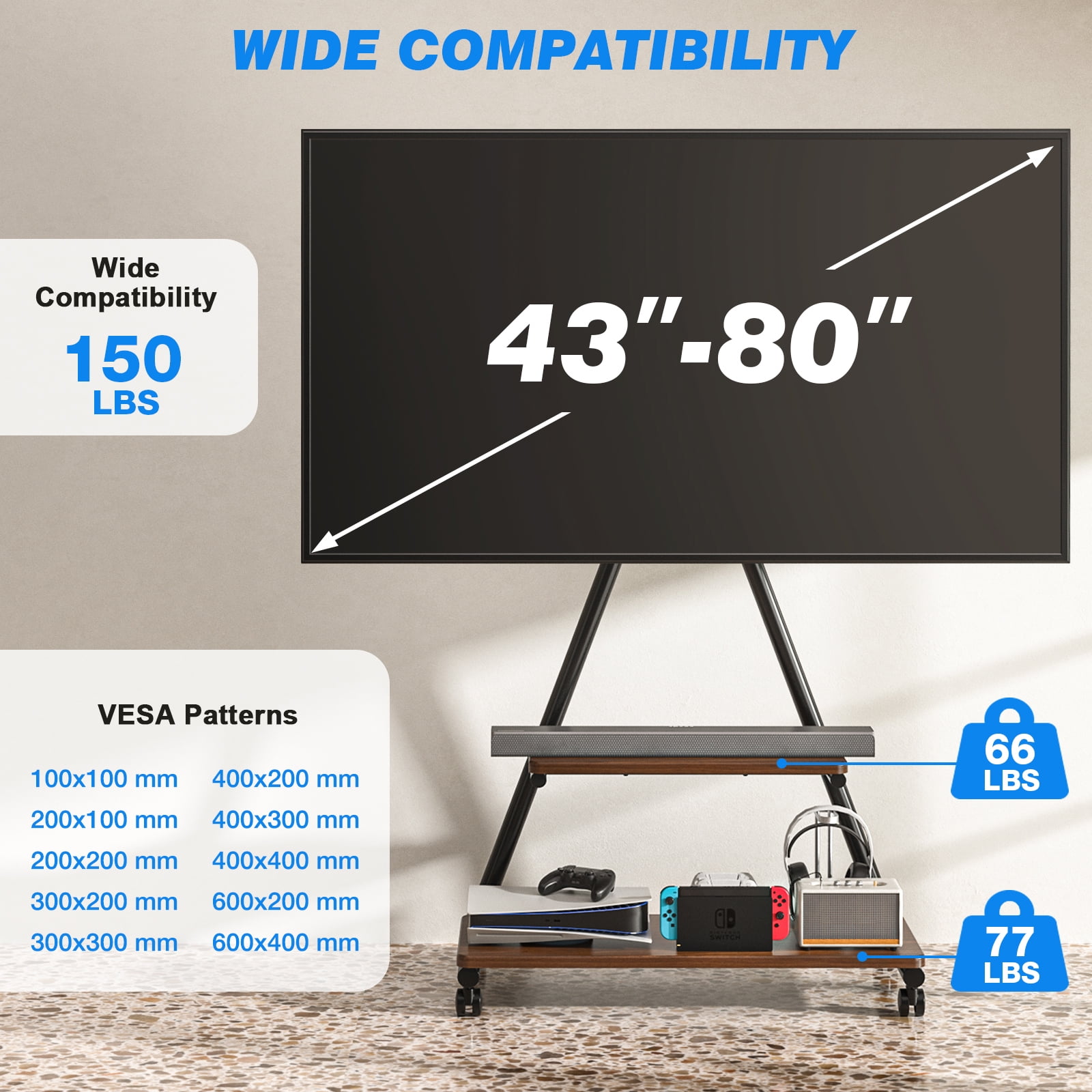 TAVR Furniture Rolling TV Stand for 43-80 inch, Portable TV Stand on Wheels with Enhanced Triangular Design up to 150lbs, Height Adjustable, Brown