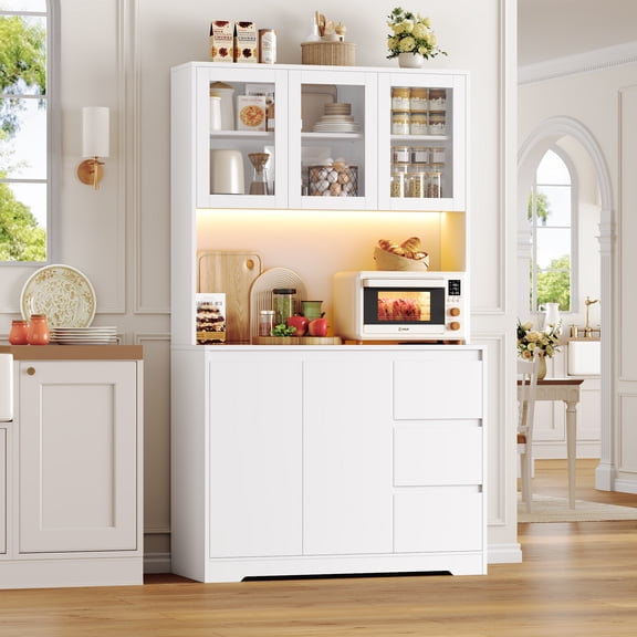 Homfa 70.9'' Kitchen Pantry Cabinet with Charging Station and LED Light, 3 Drawers Buffet Storage Cabinet with Glass Doors and Adjustable Shelves, White