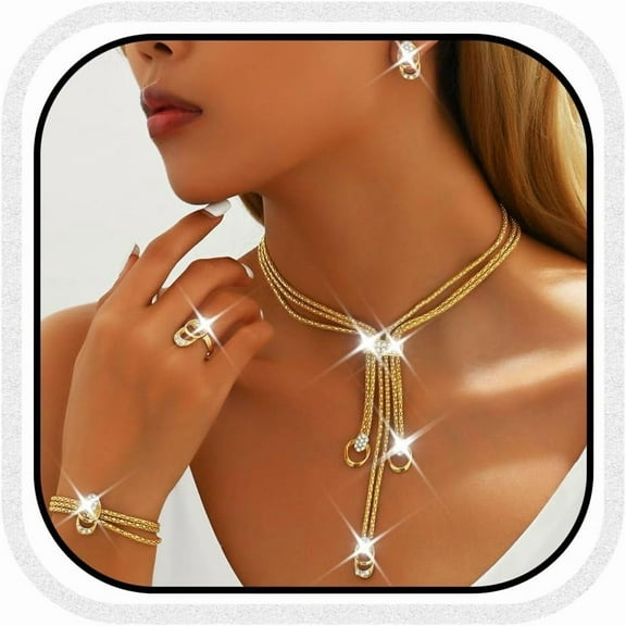 Layered Choker Premium Necklace Set Gold Rhinestone Necklaces and Earrings Sets Dressy Necklace Chain Jewelry for Women[d074]