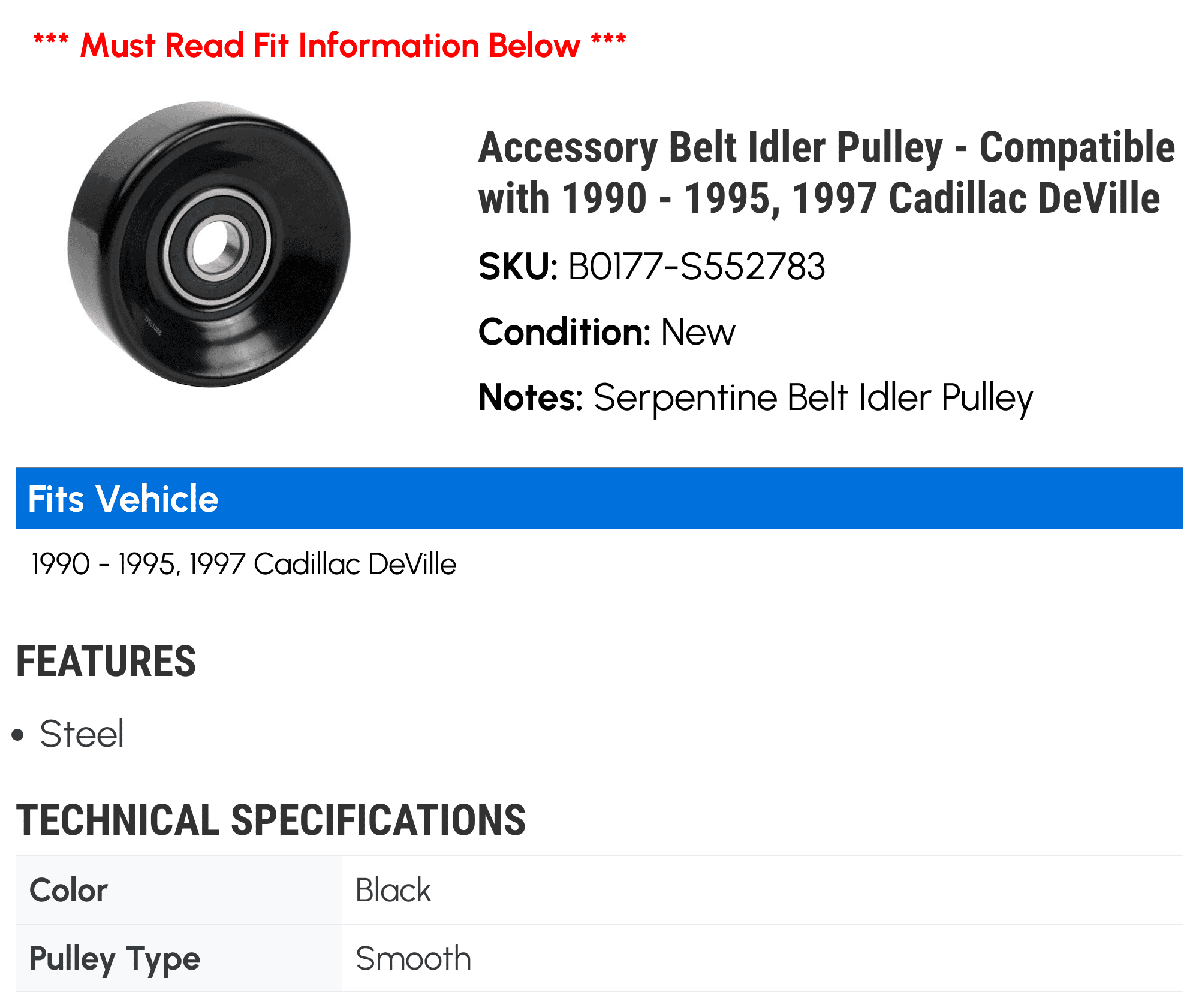 Accessory Belt Idler Pulley - Compatible with 1990 - 1995, 1997 Cadillac DeVille 1991 1992 1993 1994