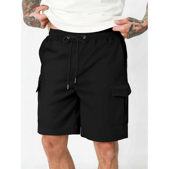 Cargo Shorts for Men Elastic Drawstring Waist Trousers Quick-Dry Performance Bottoms Side Flap Pockets Casual Loose Fit Streetwear Athletic Summerwear