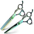 thumbnail image 1 of Juego de tijeras profesionales para cortar y entresacar el cabello, tijeras de barbero de acero inoxidable 440C de 15 cm, color verde., 1 of 5