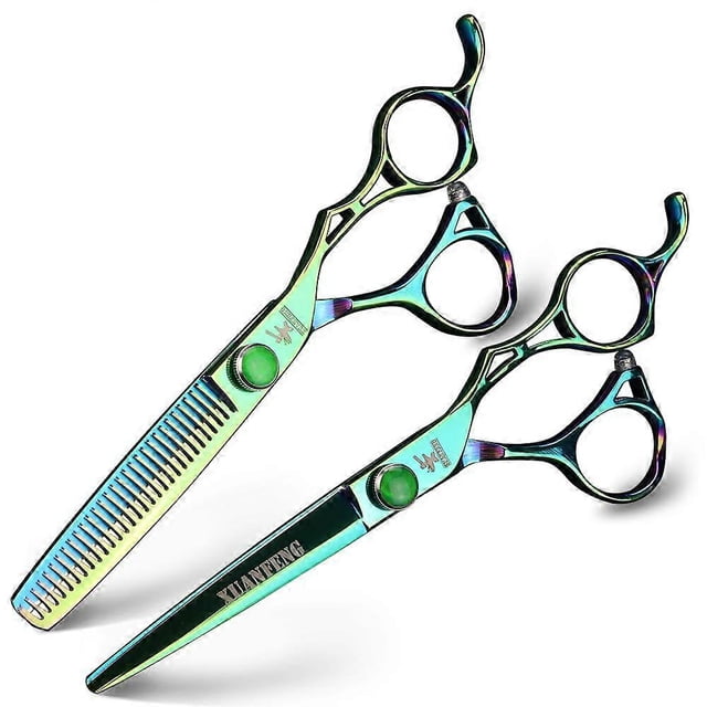 Juego de tijeras profesionales para cortar y entresacar el cabello, tijeras de barbero de acero inoxidable 440C de 15 cm, color verde.