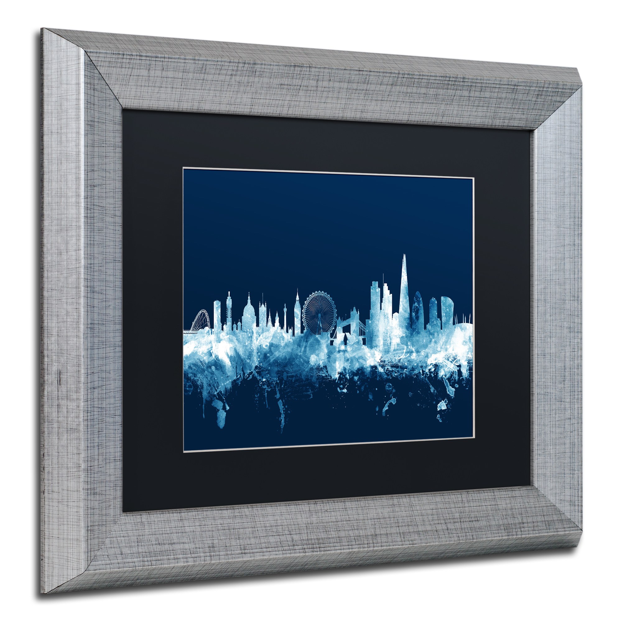 Trademark Fine Art "London England Skyline Navy" Canvas Art by Michael Tompsett, Black Matte, Silver Frame