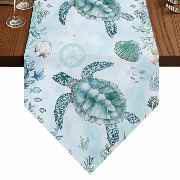 Teal Sea Turtle Table Runner for Dining Room, Summer Shell Coral Cotton Linen Dining Table Runner Tablecloth Dresser Scarves for Kitchen Cafe 13x48 Inches Long