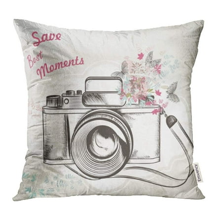 ARHOME Watercolor Photography Vintage Camera Flowers Butterflies Save Best Moments Pillowcase Cushion Cover 16x16