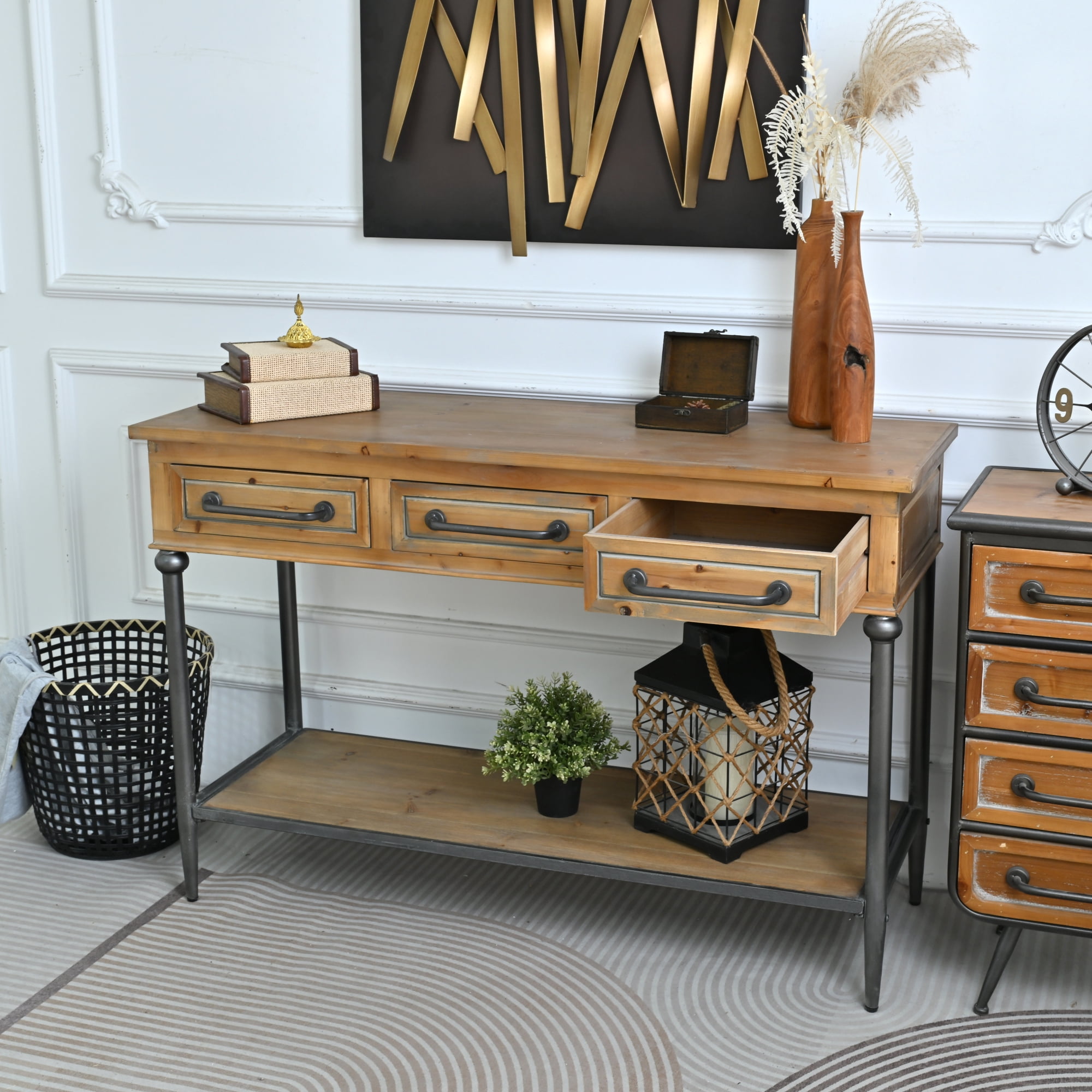 Leumius 48.03" Accent Rustic Storage Console Table, Rectangle Solid Wooden Top Metal Leg Console Table with Open Shelf and 3 Drawers for Living Room