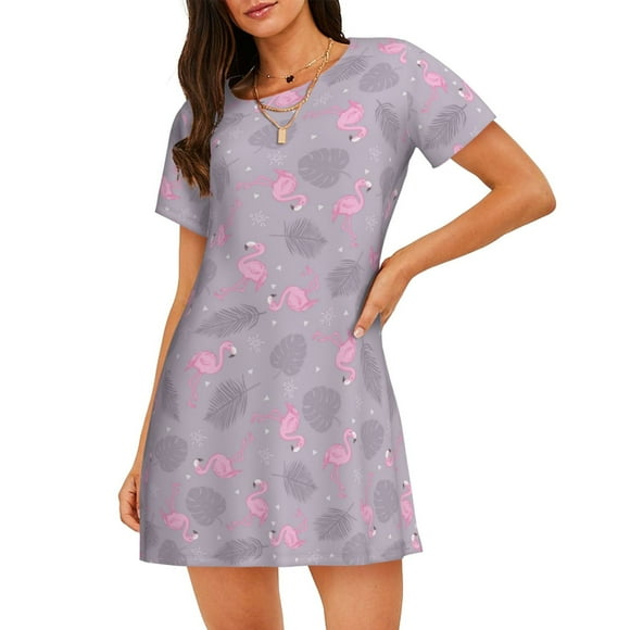 Fotbe Flamingo Bata de Dormir para Mujer con Estampado, Camisón de Algodón de Manga Corta, Ropa de Dormir Casual