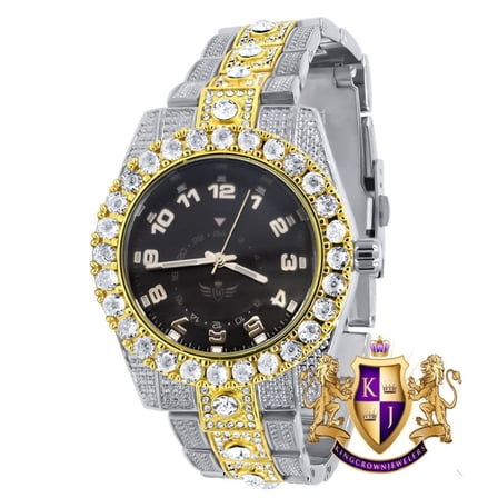 Black Dial Solitaire Men's 2 Tone Gold Finish Simulated Diamond Water Resistance Steel Back Watch 45MM