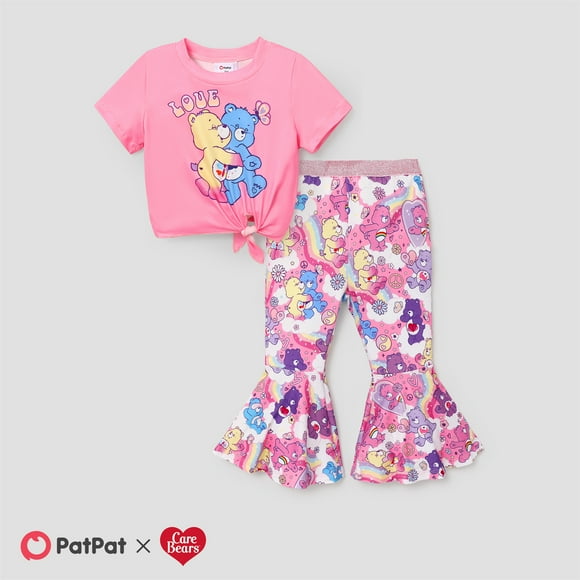 Care Bears Ensemble T-Shirt et Pantalon Évasé pour Fille 2 Pcs Tenues de la Saint-Valentin Tee Graphique Arc-en-Ciel Buttom Tailles 2-6T