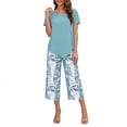 thumbnail image 2 of Snorda Pants Set for Women Short Sleeve Irregular Hem Top High-Waisted Leaf Print Capris Pants Summer Ladies Casual Matching Loungewear Outing Set, 2 of 6