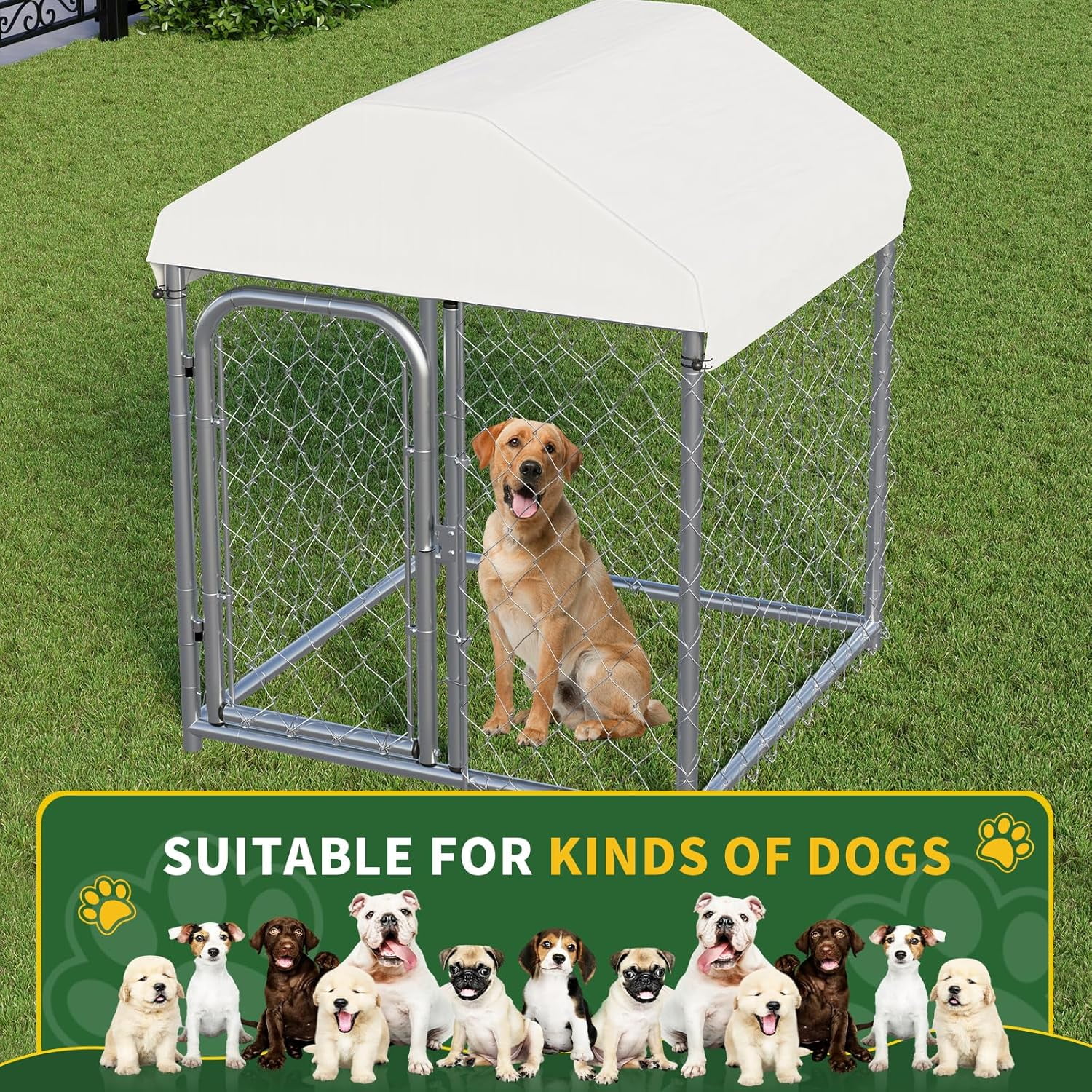 Selooye Outdoor Large Dog Kennel 40 x40 in, Heavy Duty Dog Enclosure with UV & Rain-Proof Fully Covered Roof, Rustproof Metal Mesh, Double Security Locks