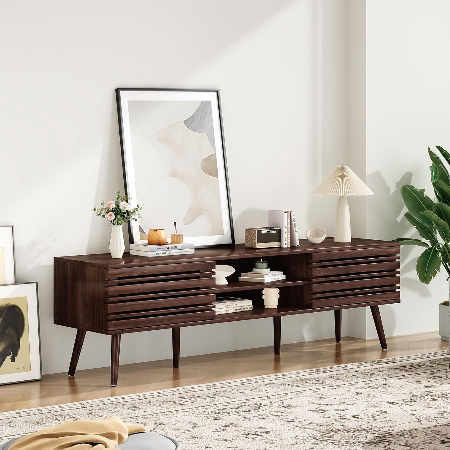 STARY Mid Century Modern TV Stands for up to 70" TV with Storage, Fluted Wood TV Stand for Living Room, Boho Media Console, Entertainment Center with Cable Management