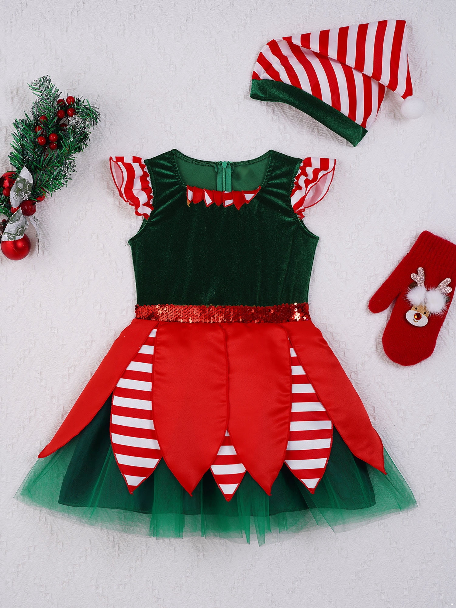 inhzoy Kids Girls Christmas Elf Dress-Up Xmas Holiday Sequins Tutu Dress Green-A 6