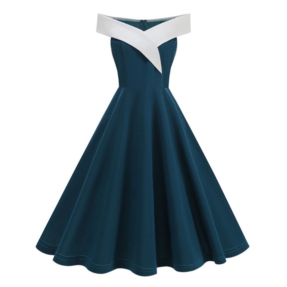 BLTIBY Vintage Midi Dress for Women Sleeveless Cocktail Swing Elegant V Neck One Shoulder A Line Holiday Evening Party Dresses Green S