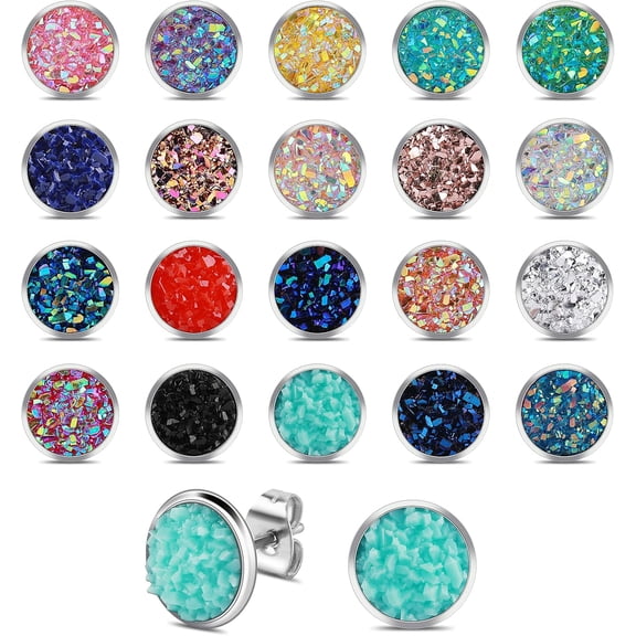 20 Pairs Druzy Studs Earrings Set Round Stud Earrings Stainless Steel Pierced Earrings Jewelry for Women