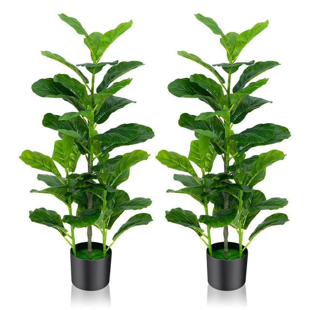 Gymax Artificial Tree 2-Pack Artificial Fiddle Leaf Fig Tree for Indoor & Outdoor. Each tree stands 39.5 inches tall and features 40 vibrant green PEVA leaves with realistic textures. The trees are set in black plastic pots filled with cement for stability, with faux moss on the surface for added realism. Suitable for indoor and outdoor spaces such as living rooms, patios, or offices, these maintenance-free plants bring a touch of nature to any setting.